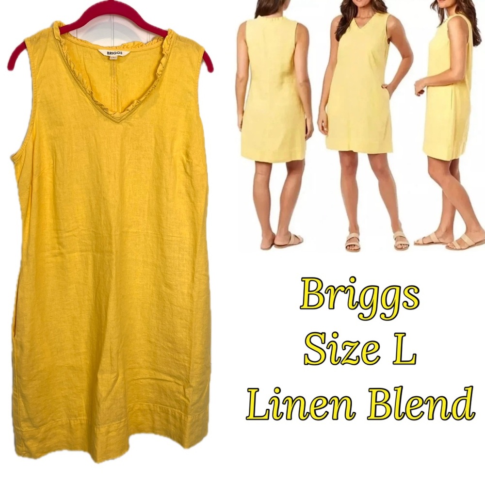 Briggs Linen Blend with Pockets light yellow ruffle neck sleeveless dress Size L